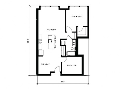Floor plan for 1 bed, 1 bath, 969 sqft